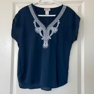 Navy Embroidered Neckline Blouse